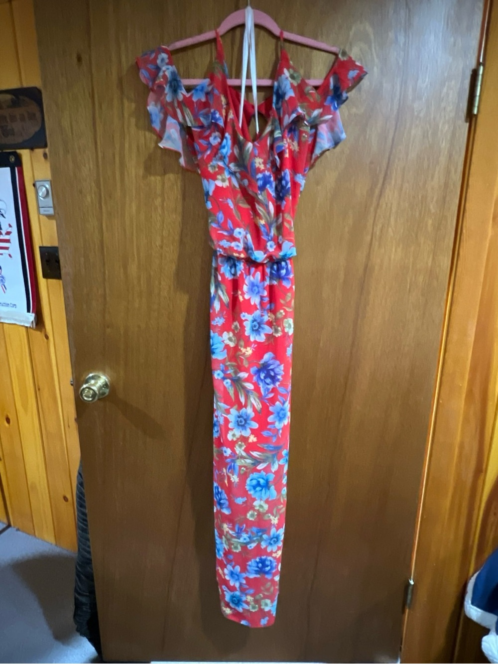 Emma & Michele Red Floral Maxi Dress with Blue Accents